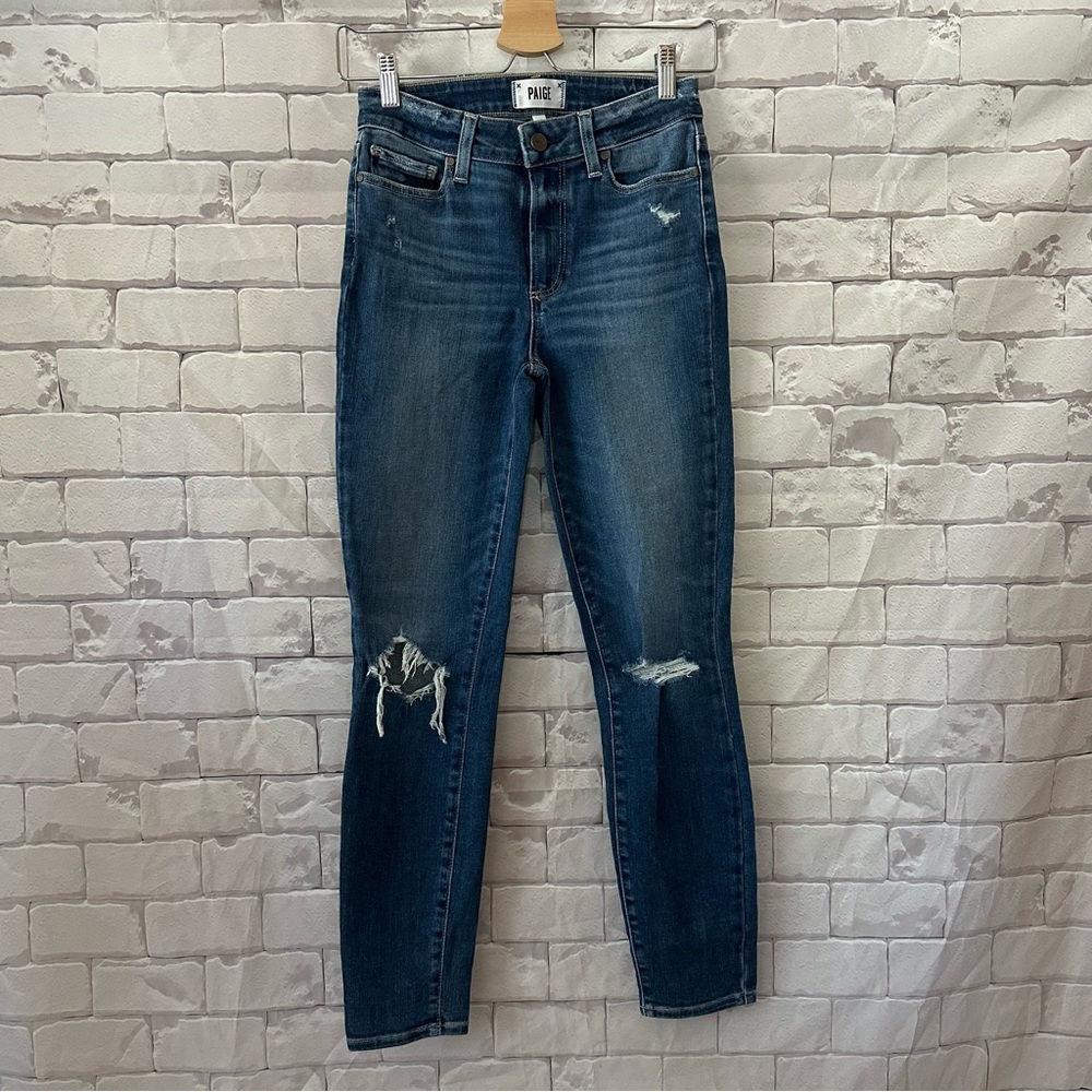 PAIGE High Rise Distressed Dark Blue Jeans